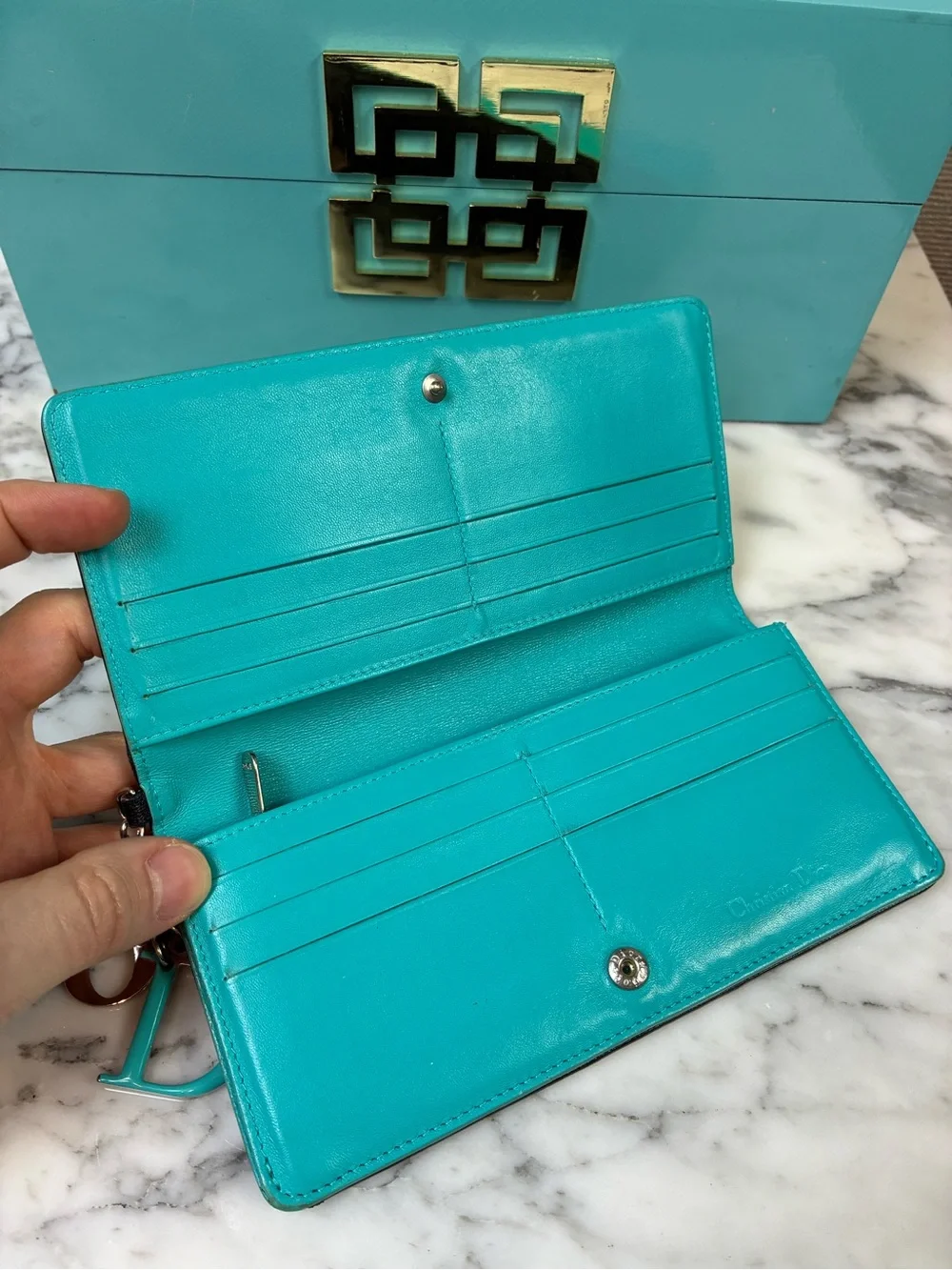 Christian Dior Black Leather Cannage Snap Wallet Teal Interior - Fair Condition